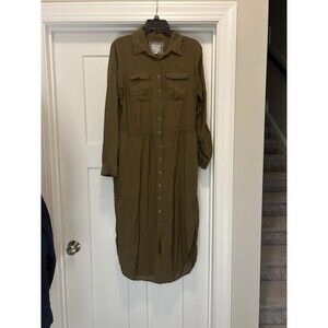 Maeve Anthropologie Olive Green Utility Midi Button Front Shirt Dress Size 8